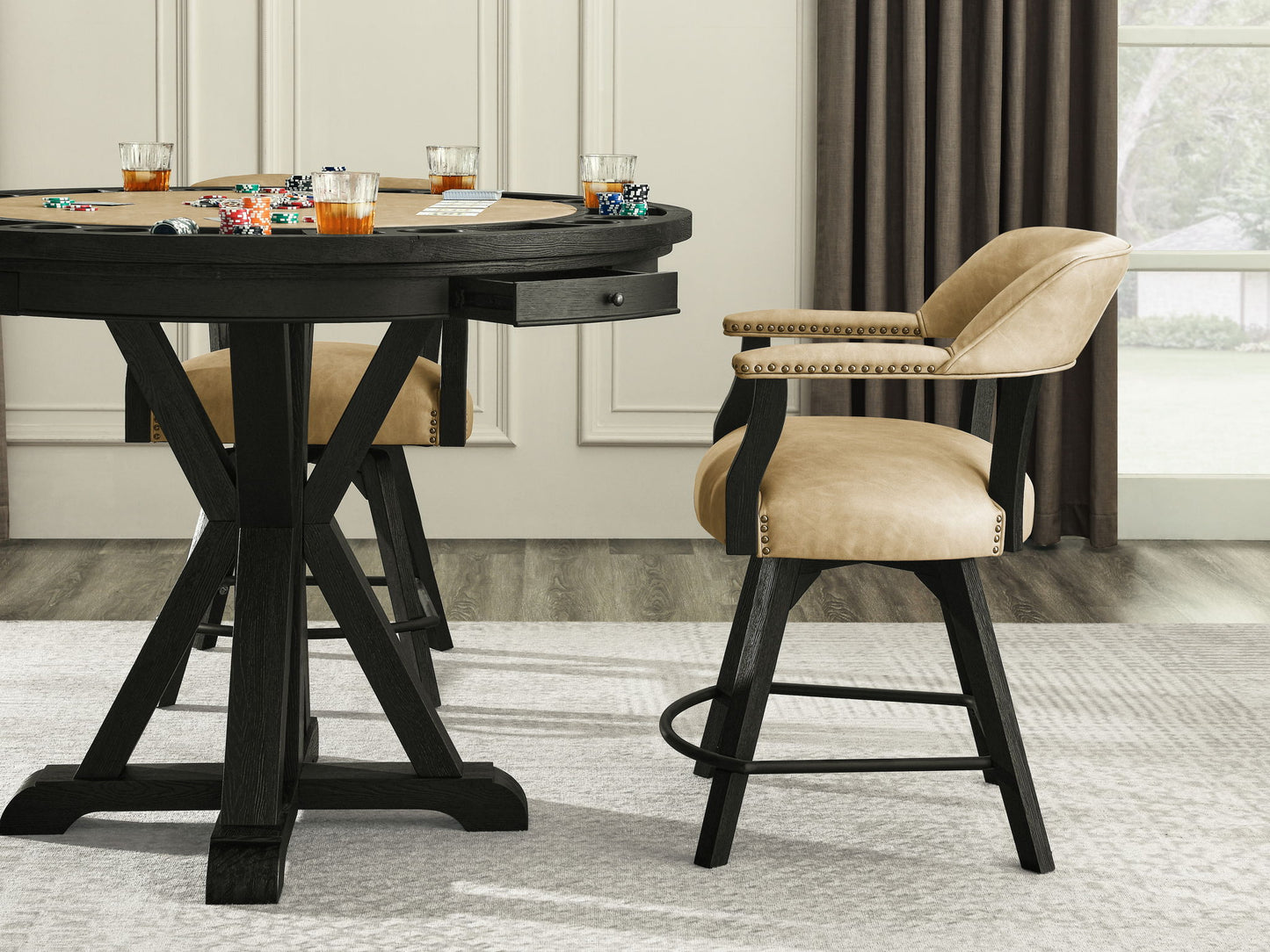Rylie - 6 Piece Counter Dining Set (Counter Table With Game Top & 4 Counter Chairs) - Black / Sand - Hornell Furniture Outlet