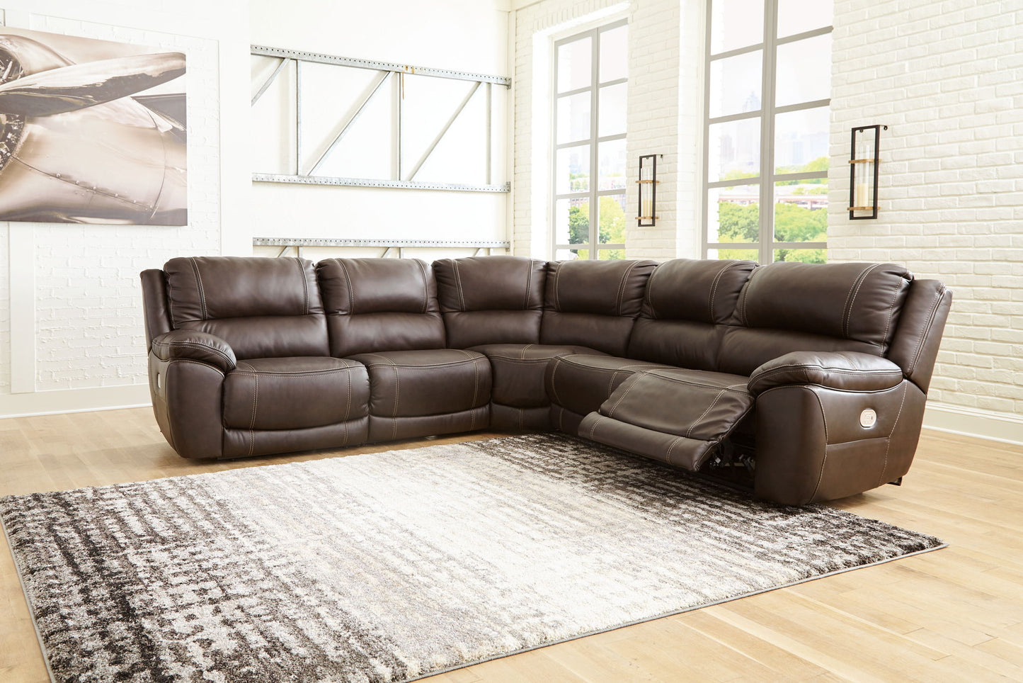 Dunleith - Chocolate - 5 - Piece Power Reclining Sectional - Hornell Furniture Outlet