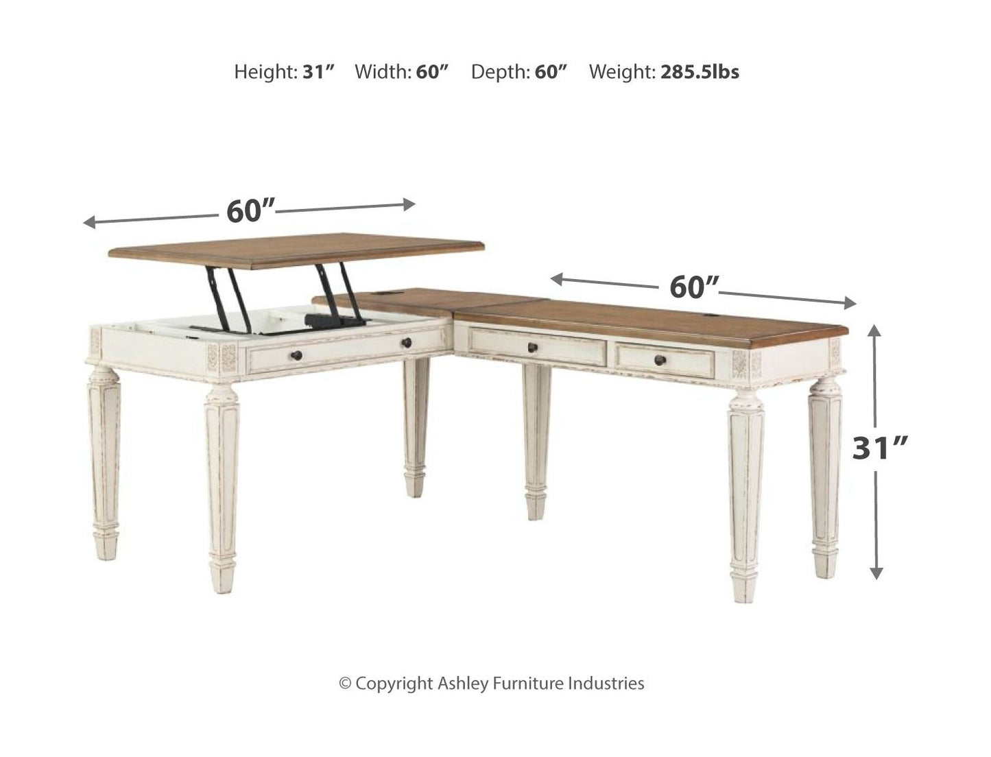 Realyn - White / Brown - L Shaped Desk with Lift Top - Hornell Furniture Outlet