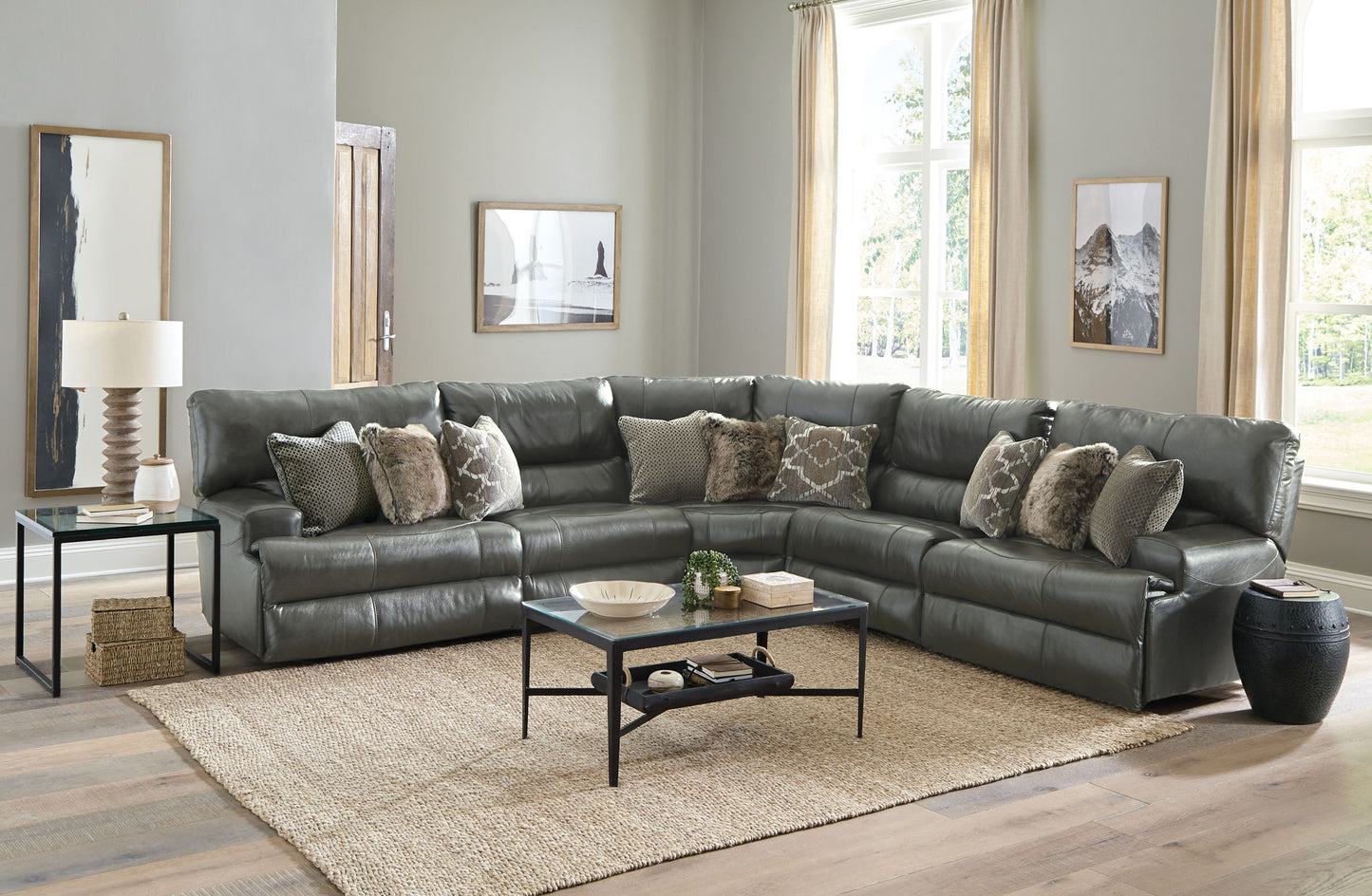 Como - 5 Piece Italian Leather Match Reclining Sectional - Hornell Furniture Outlet