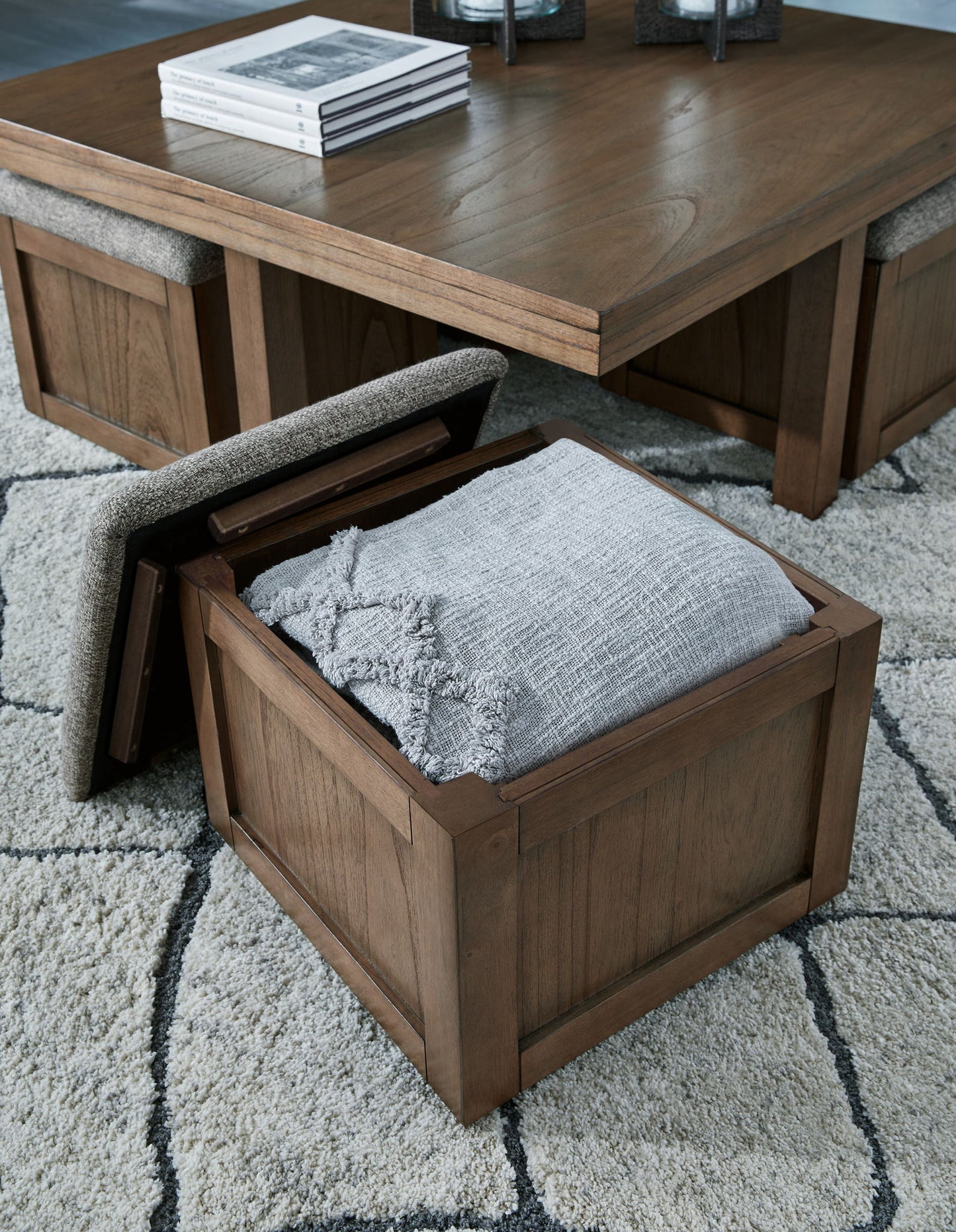 Boardernest - Brown - Cocktail Table With 4 Stools (Set of 5) - Hornell Furniture Outlet