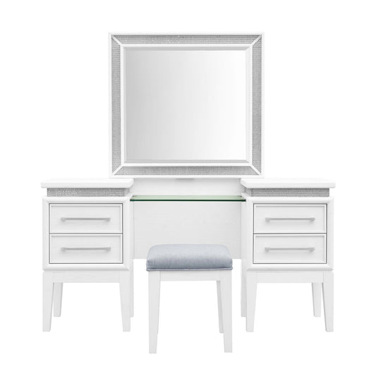 Reflections - 3 Piece Vanity Set - Pearl White & Rhinestone - Hornell Furniture Outlet
