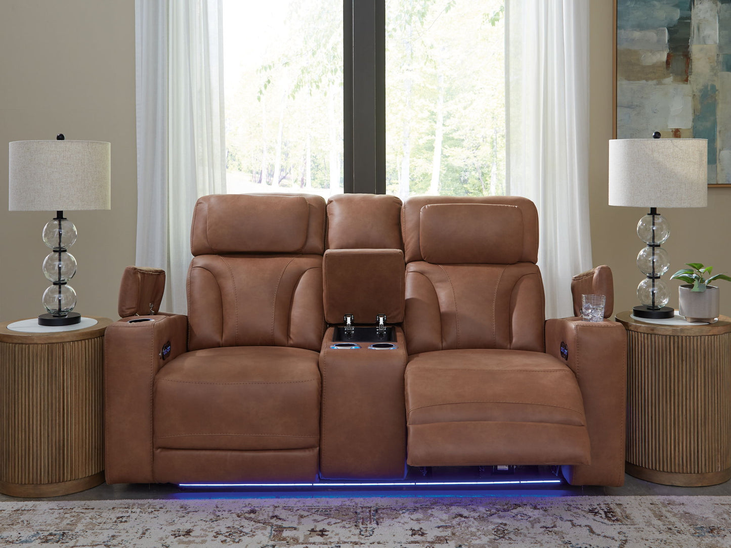 Clean - Slate - Caramel - Power Reclining Loveseat With Console / Adj Headrest - Hornell Furniture Outlet