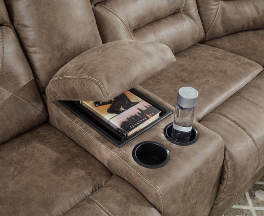Ravenel - 3 - Piece Power Reclining Sectional With Raf Power Reclining Loveseat With Console - Faux Leather - Fossil - Hornell Furniture Outlet