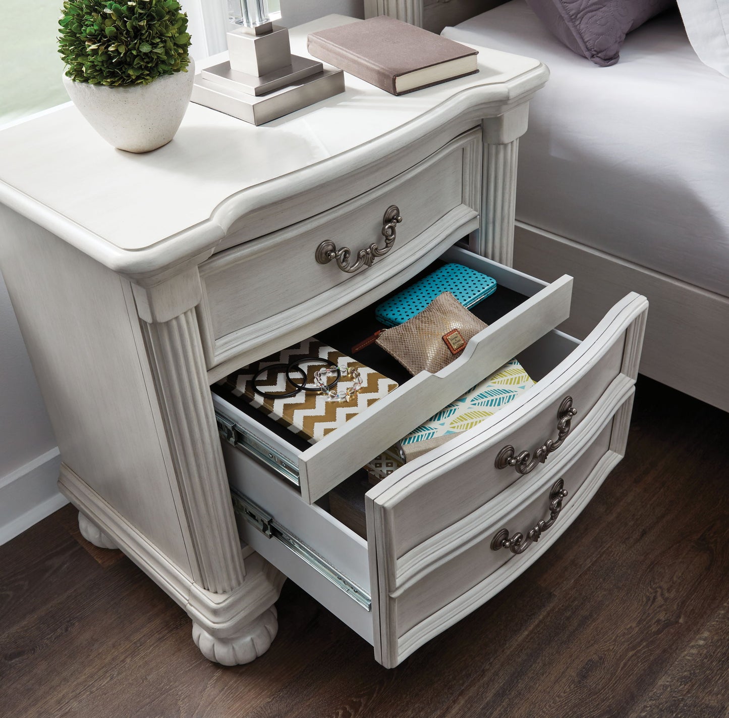 Montelaine - Antique White - Three Drawer Night Stand - Hornell Furniture Outlet