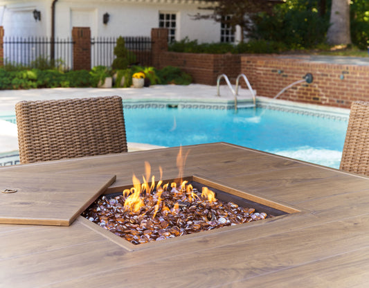 Walton Bridge - 5 Pc. - Square Bar Table W/Fire Pit, 4 Barstools - Driftwood - Hornell Furniture Outlet