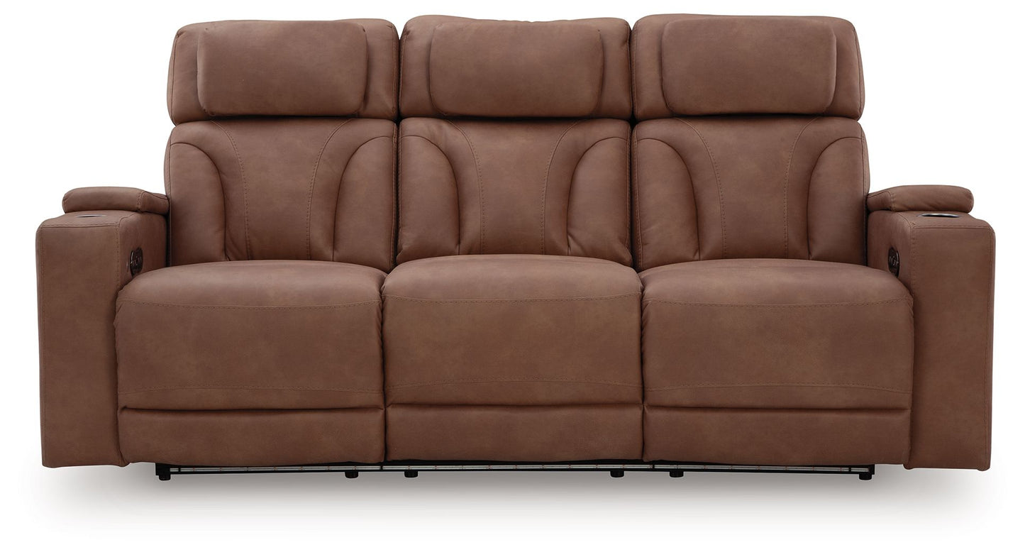 Clean - Slate - Caramel - Power Reclining Sofa / Adj Headrest - Hornell Furniture Outlet