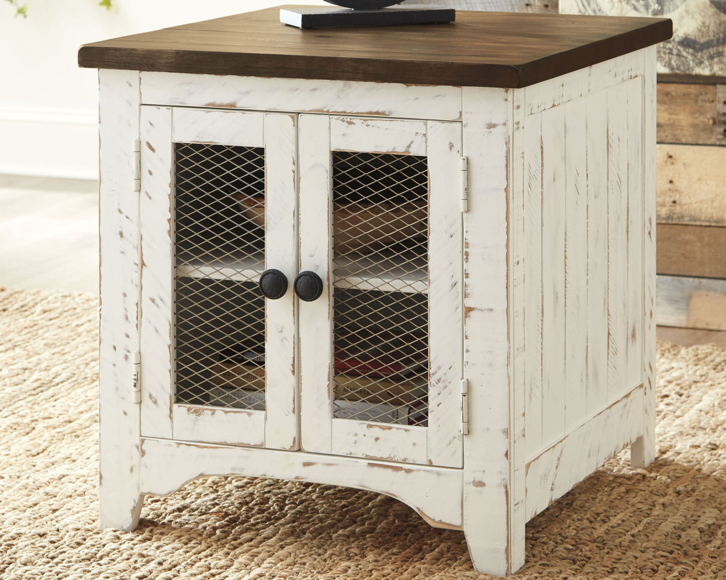 Wystfield - White / Brown - Rectangular End Table - 2 Doors - Hornell Furniture Outlet