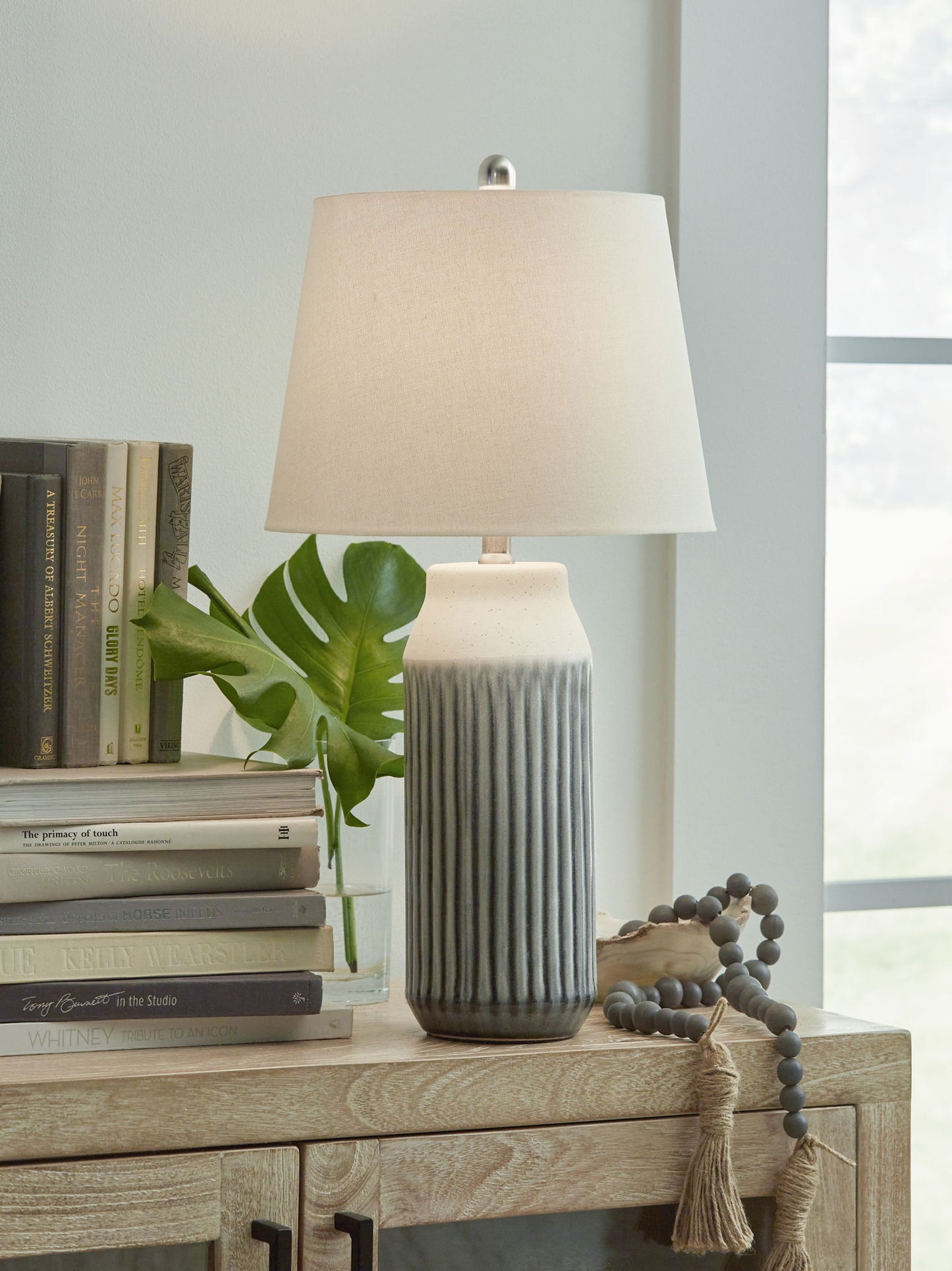 Afener - Blue / Beige - Ceramic Table Lamp (Set of 2) - Hornell Furniture Outlet