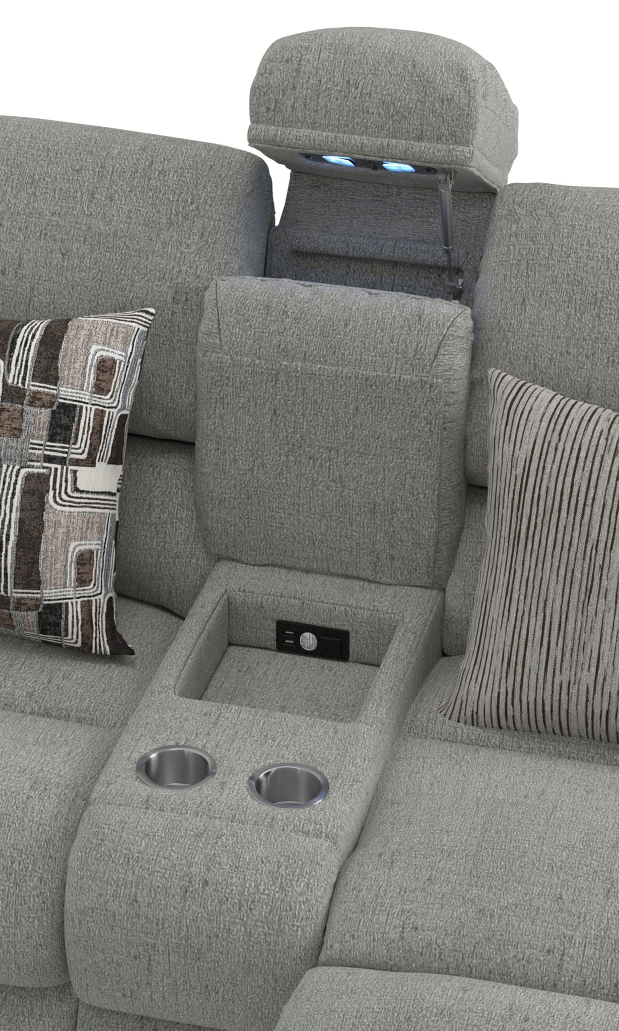 Quinn - 3 Piece Reclining Sectional With 4 Reclining Seats, Storage Arms, Storage Console With Lights, And Drop Down Table - Nature - Hornell Furniture Outlet