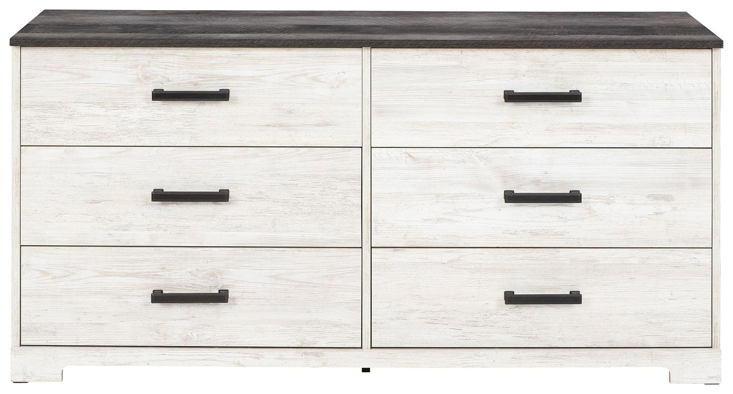 Shawburn - White / Black / Gray - Six Drawer Dresser - Pewter - tone pulls - Hornell Furniture Outlet