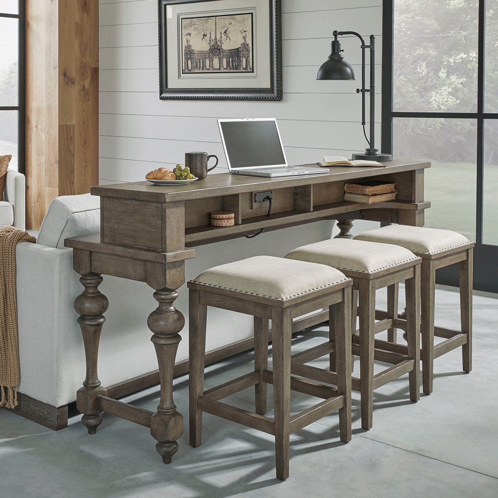 Americana Farmhouse - 4 Piece Console Set (Console 3 Stools) - Light Brown - Hornell Furniture Outlet