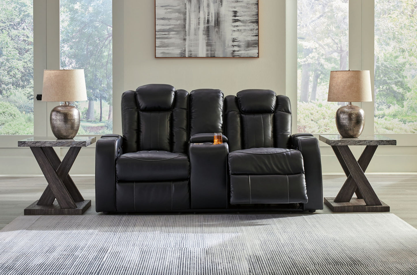 Caveman Den - Midnight - Power Reclining Loveseat with Console/ Adj Hdrst - Hornell Furniture Outlet