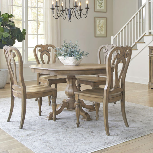 Magnolia Manor - 5 Piece Pedestal Table Set (Splat Back Side Chairs) - Brown - Hornell Furniture Outlet