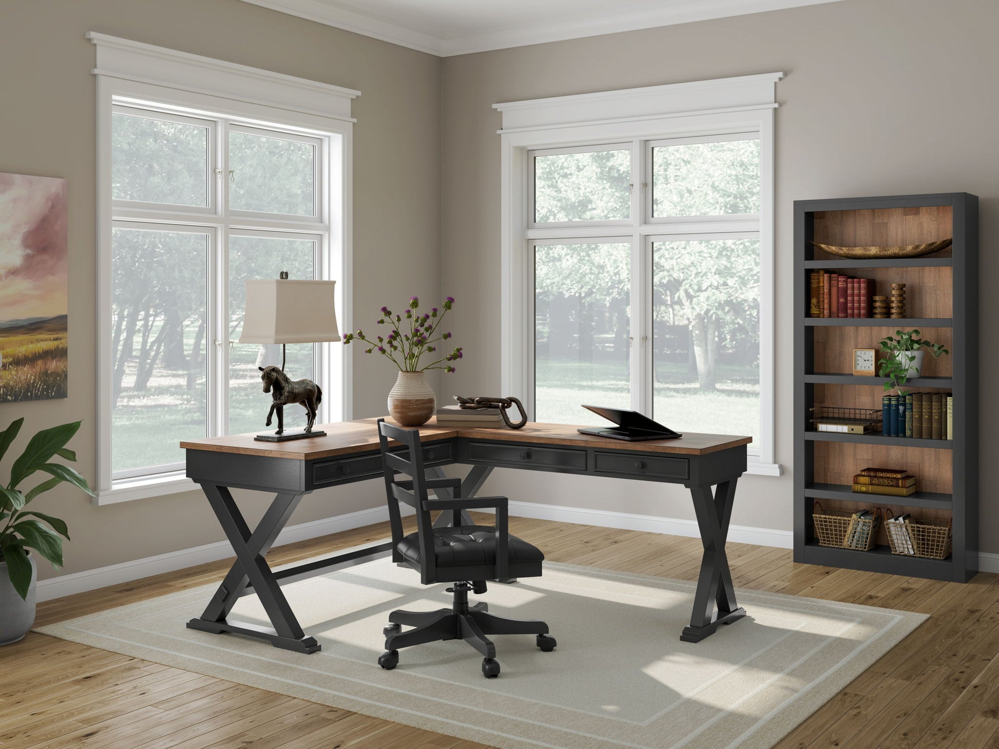 Wildenauer - Brown / Black - 4 Pc. - Home Office Desk And Return, Swivel Desk Chair, Bookcase - Hornell Furniture Outlet
