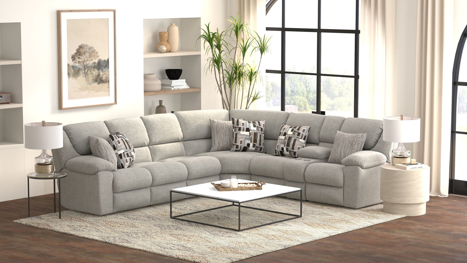 Quinn - 3 Piece Reclining Sectional With 4 Reclining Seats, Storage Arms, Storage Console With Lights, And Drop Down Table - Nature - Hornell Furniture Outlet