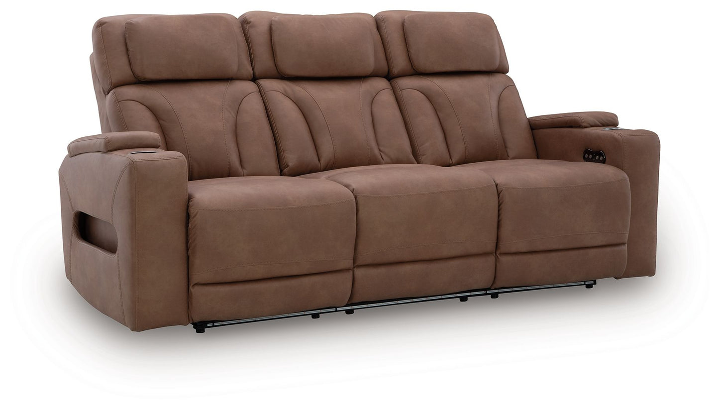 Clean - Slate - Caramel - Power Reclining Sofa / Adj Headrest - Hornell Furniture Outlet
