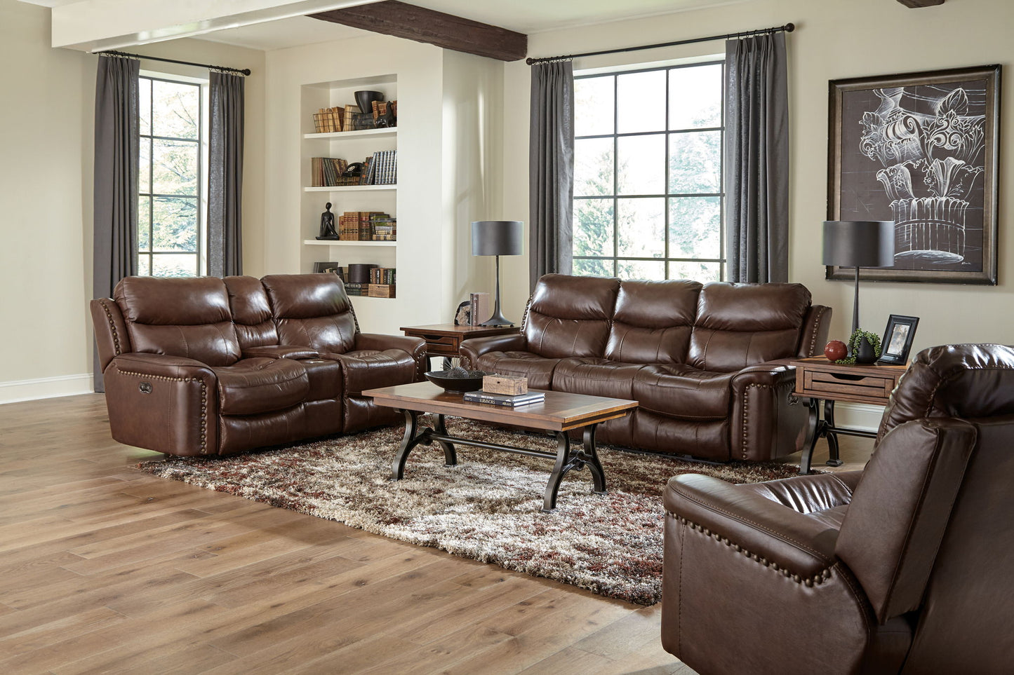 Ceretti - Power Reclining Console Loveseat - Brown Top Grain Italian Leather Match - Hornell Furniture Outlet
