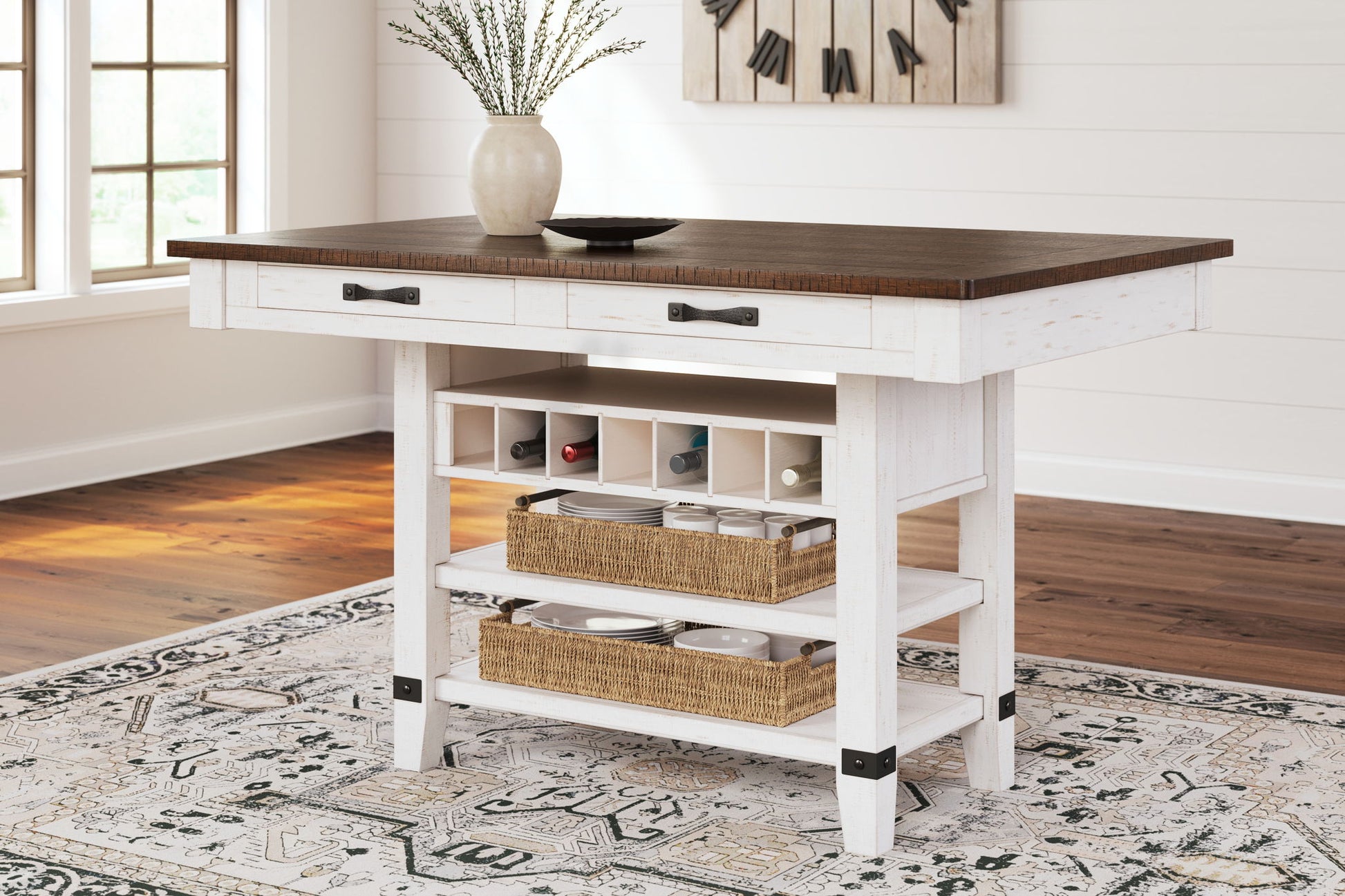 Valebeck - White / Brown - 5 Pc. - Counter Table With Wine Rack, 4 Swivel Stools - Hornell Furniture Outlet