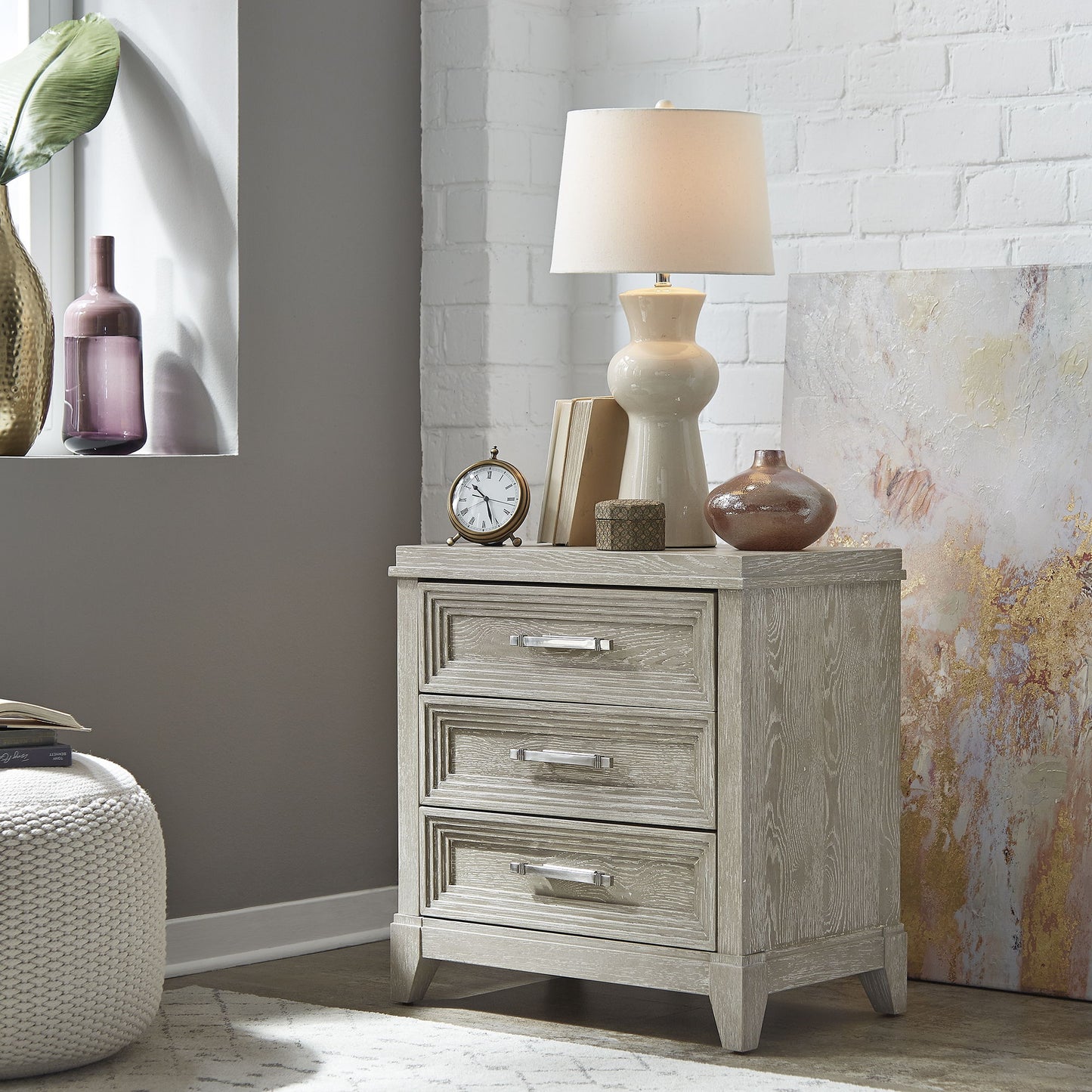 Belmar - 3 Drawer Nightstand - Washed Taupe - Hornell Furniture Outlet