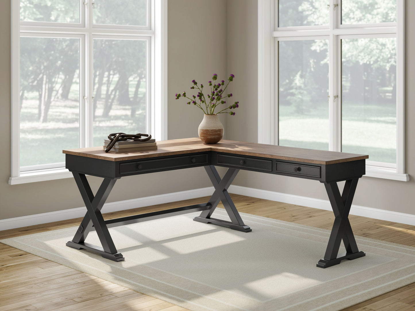 Wildenauer - Brown / Black - 4 Pc. - Home Office Desk And Return, Swivel Desk Chair, Bookcase - Hornell Furniture Outlet