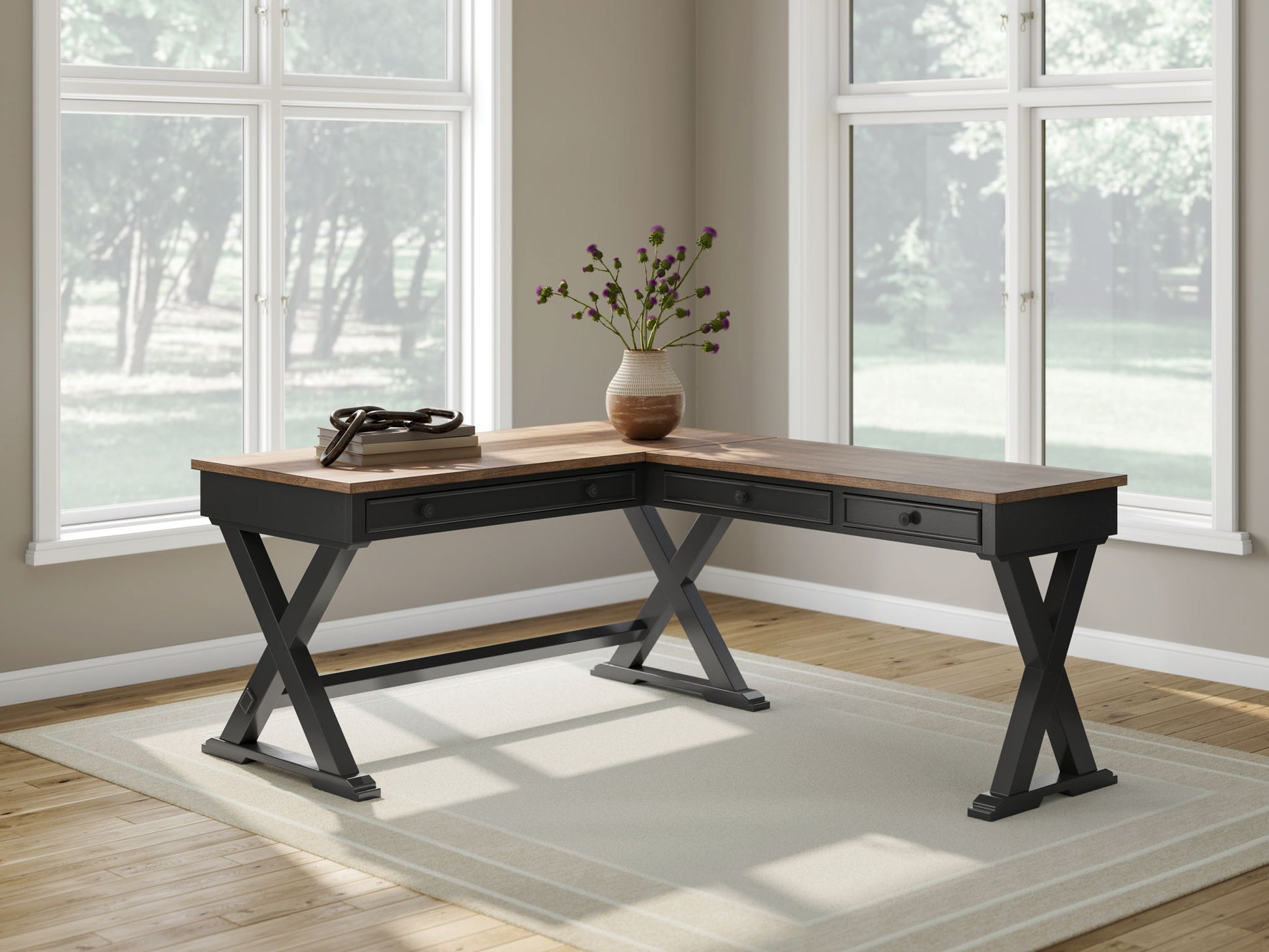 Wildenauer - Brown / Black - 4 Pc. - Home Office Desk And Return, Swivel Desk Chair, Bookcase - Hornell Furniture Outlet