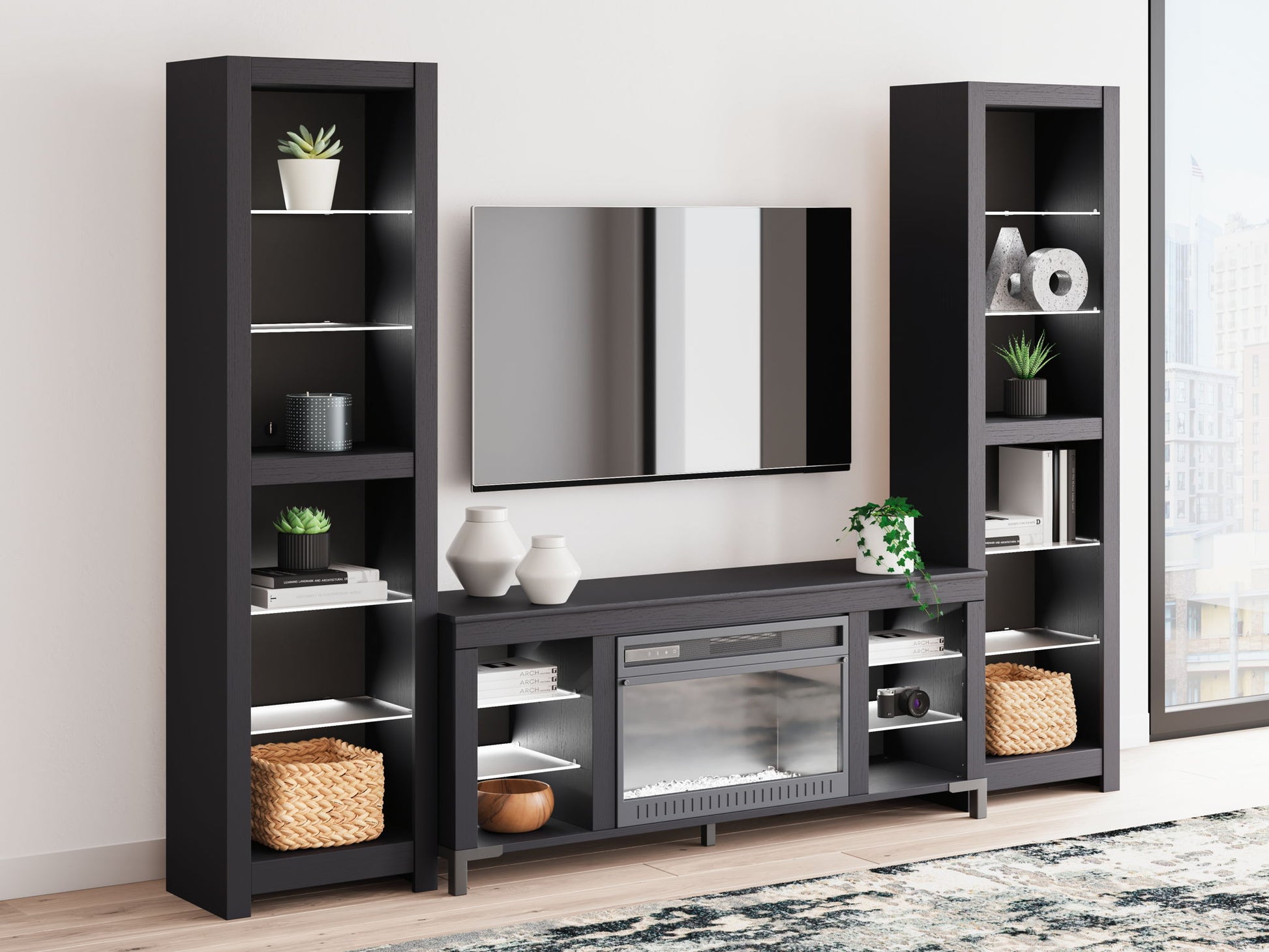 Cayberry - Black - 3 - Piece Entertainment Center With Electric Fireplace - Hornell Furniture Outlet