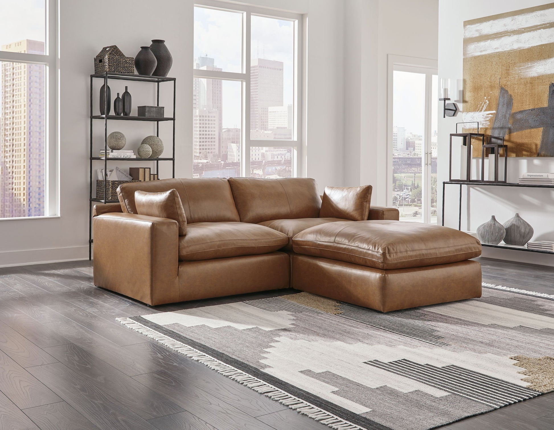 Emilia - Caramel - 3 Pc. - 2 - Piece Sectional Loveseat, Ottoman - Hornell Furniture Outlet