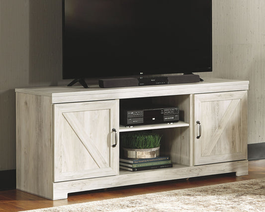 Bellaby - Whitewash - 63" TV Stand With Faux Firebrick Fireplace Insert - Hornell Furniture Outlet