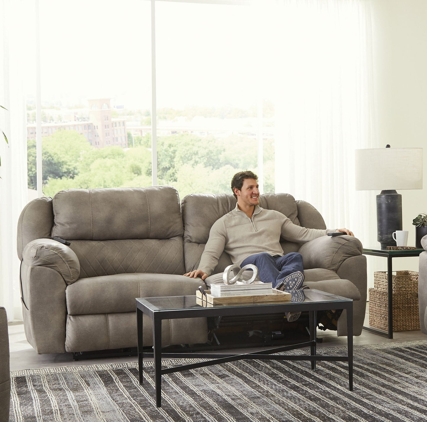 Flynn - Power Lay Flat Reclining Sofa Power Adjustable Headrest & Lumbar And Dual Heat & Massage - Fig - Hornell Furniture Outlet