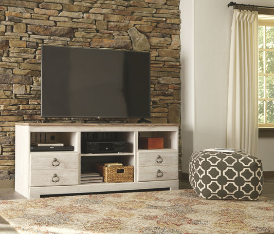 Willowton - Whitewash - 2 Pc. - 64" TV Stand with Faux Firebrick Fireplace Insert - Hornell Furniture Outlet