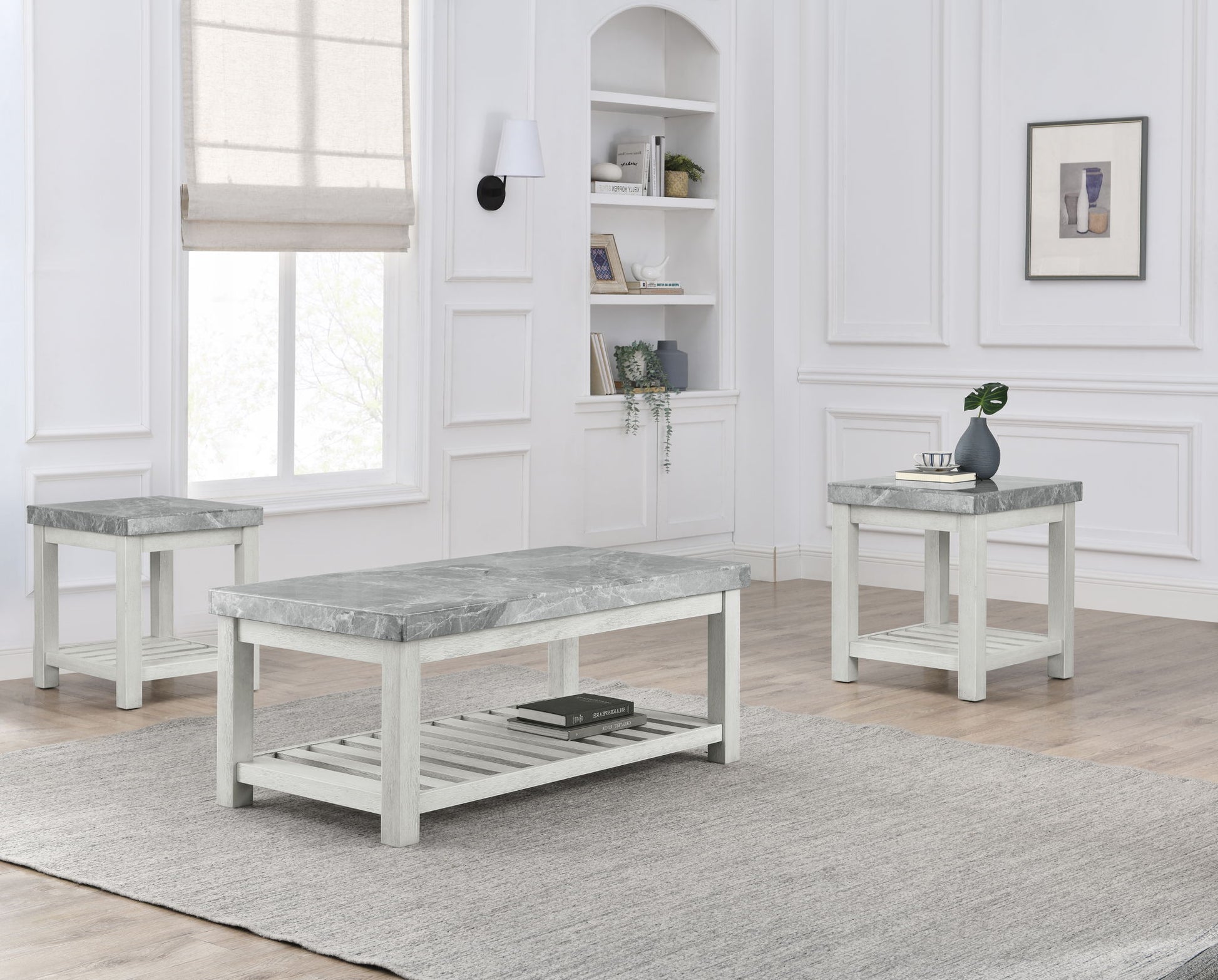 Canova - 3 Piece Gray Marble Table Set - White - Hornell Furniture Outlet