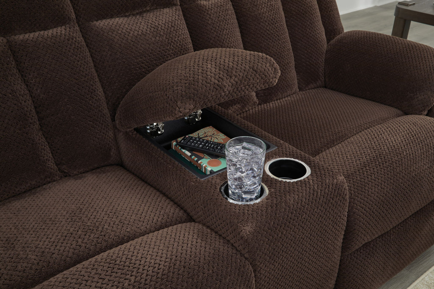 Free Wake - Chocolate - Double Relcining Power Loveseat With Console - Hornell Furniture Outlet