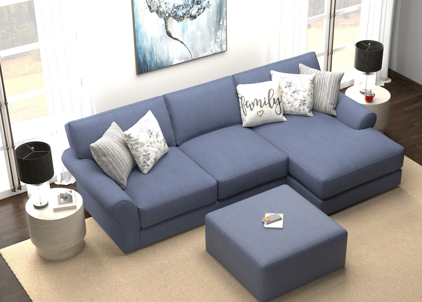 Cape May - Sofa Chaise With Comfort Coil Seating, 41" Cocktail Ottoman And 5 Accent Pillows Included - Hornell Furniture Outlet