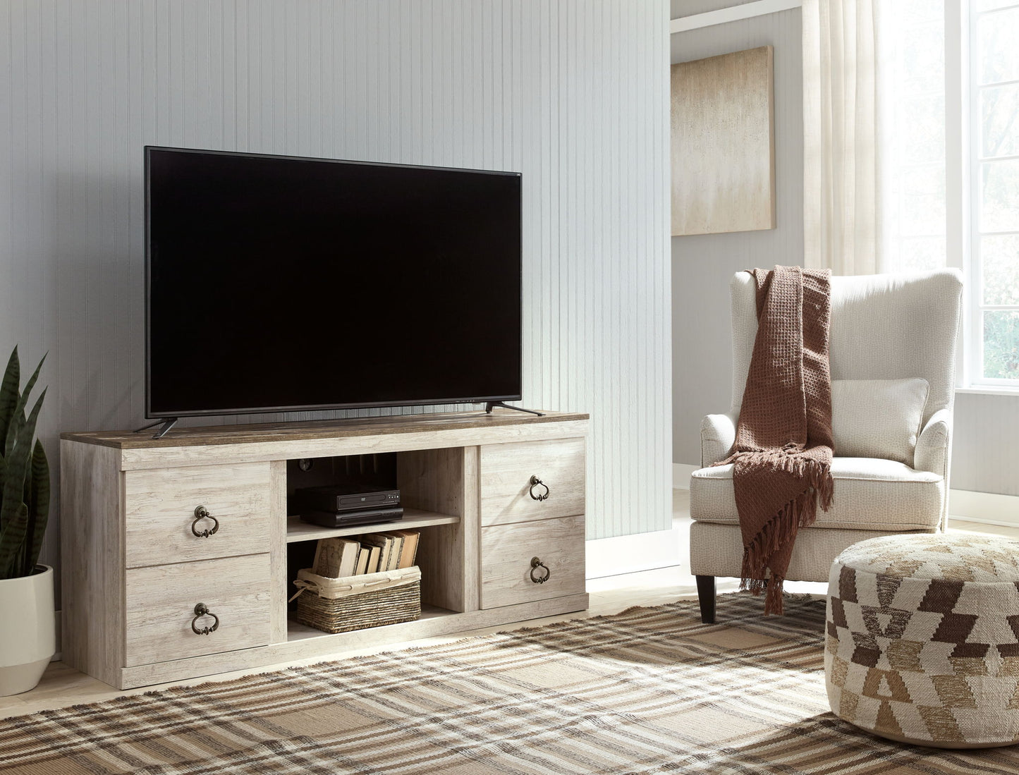 Willowton - Whitewash - 2 Pc. - TV Stand with Faux Firebrick Fireplace Insert - Hornell Furniture Outlet