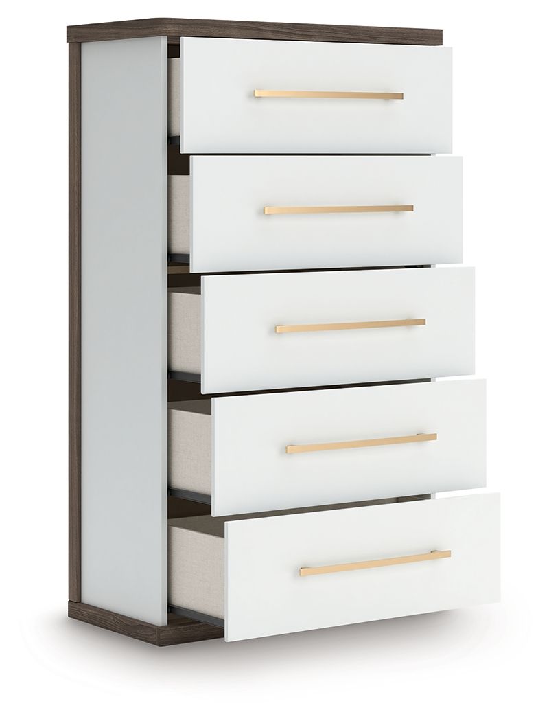 Kendanport - Brown / White - Five Drawer Chest - Hornell Furniture Outlet