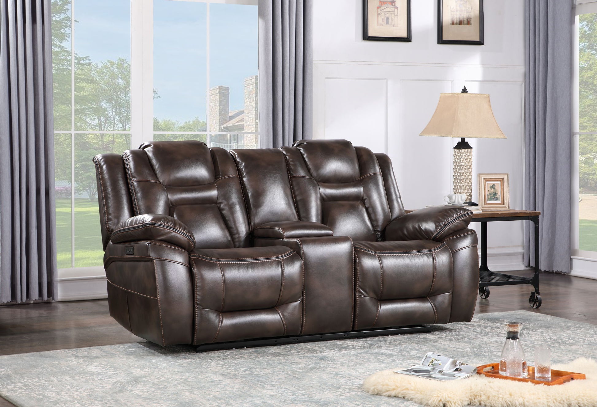 Oportuna - Dual Power Console Loveseat - Dark Brown - Hornell Furniture Outlet