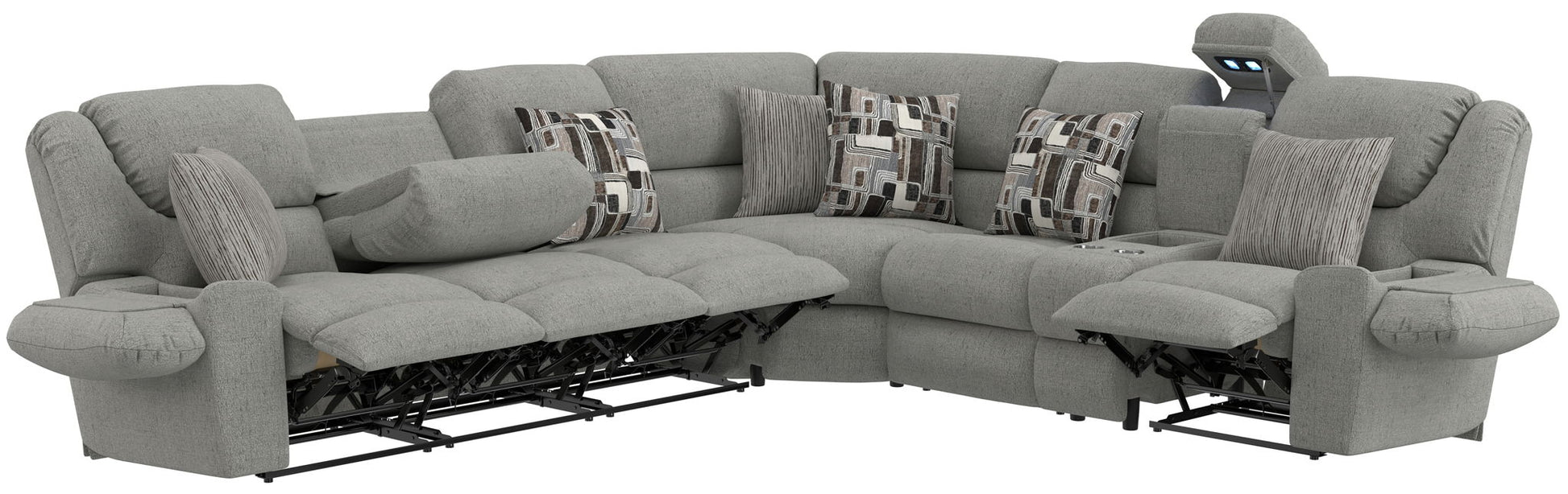 Quinn - 3 Piece Reclining Sectional With 4 Reclining Seats, Storage Arms, Storage Console With Lights, And Drop Down Table - Nature - Hornell Furniture Outlet
