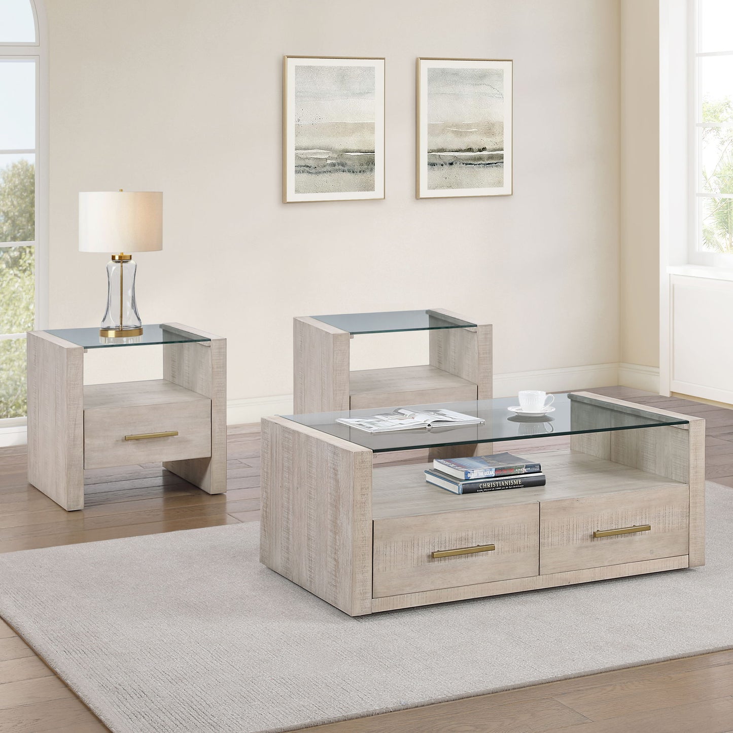 Garland - 3 Piece Glass Top Table Set, 2 Ends & Coffee - Washed Parchment - Hornell Furniture Outlet