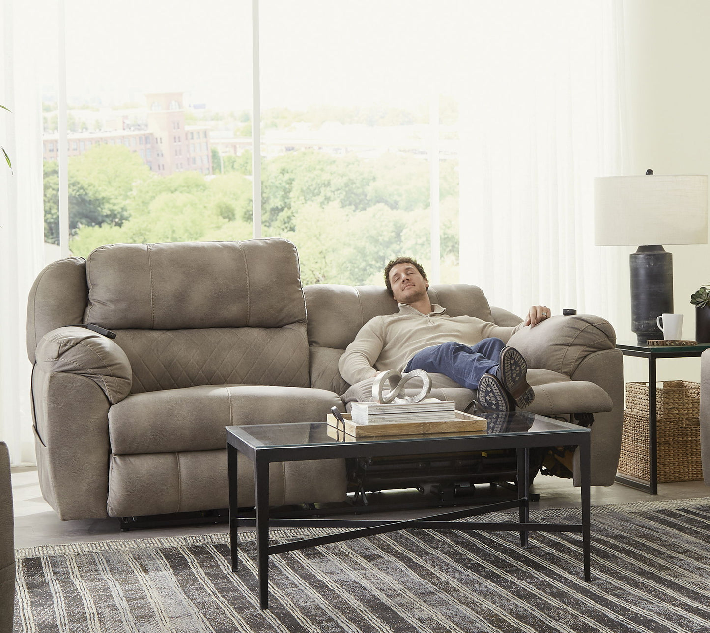 Flynn - Power Lay Flat Reclining Sofa Power Adjustable Headrest & Lumbar And Dual Heat & Massage - Fig - Hornell Furniture Outlet