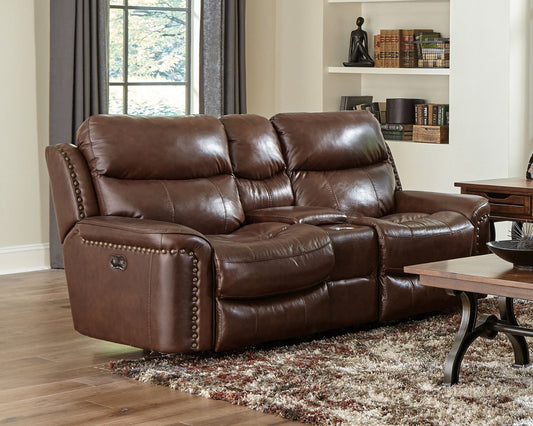 Ceretti - Power Reclining Console Loveseat - Brown Top Grain Italian Leather Match - Hornell Furniture Outlet