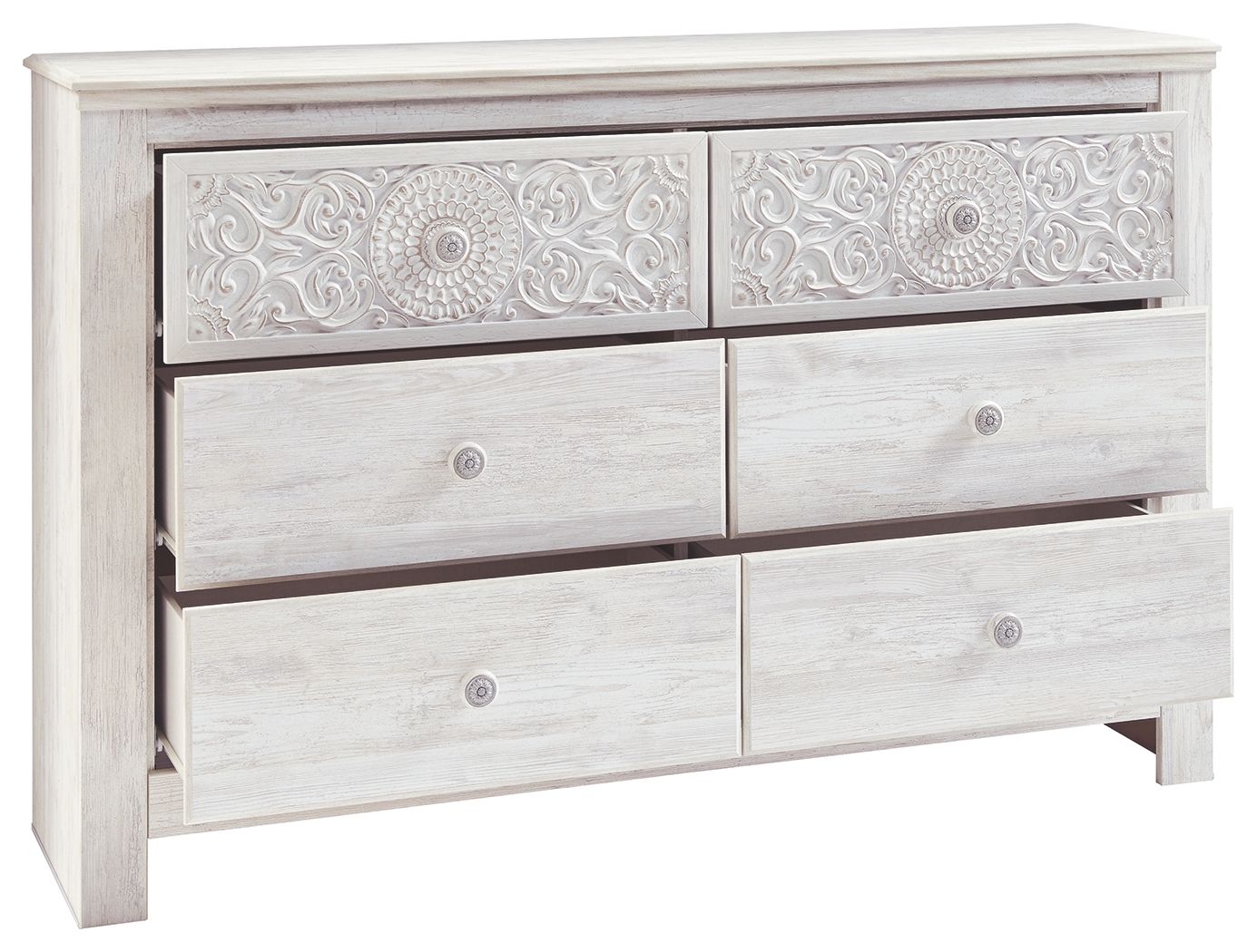 Paxberry - Whitewash - Six Drawer Dresser - Medallion Drawer Pulls - Hornell Furniture Outlet