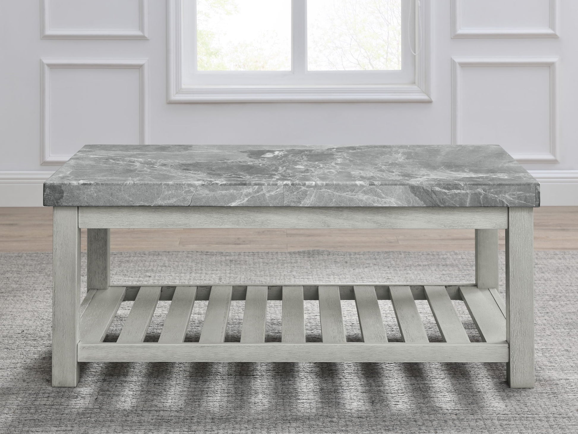 Canova - Gray Marble Top Coffee Table - White - Hornell Furniture Outlet
