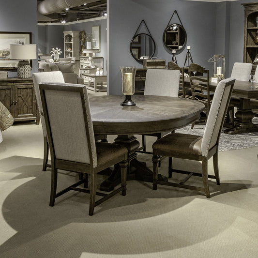 Paradise Valley - 5 Piece Pedestal Table Set (Upholstered Side Chairs) - Dark Brown - Hornell Furniture Outlet