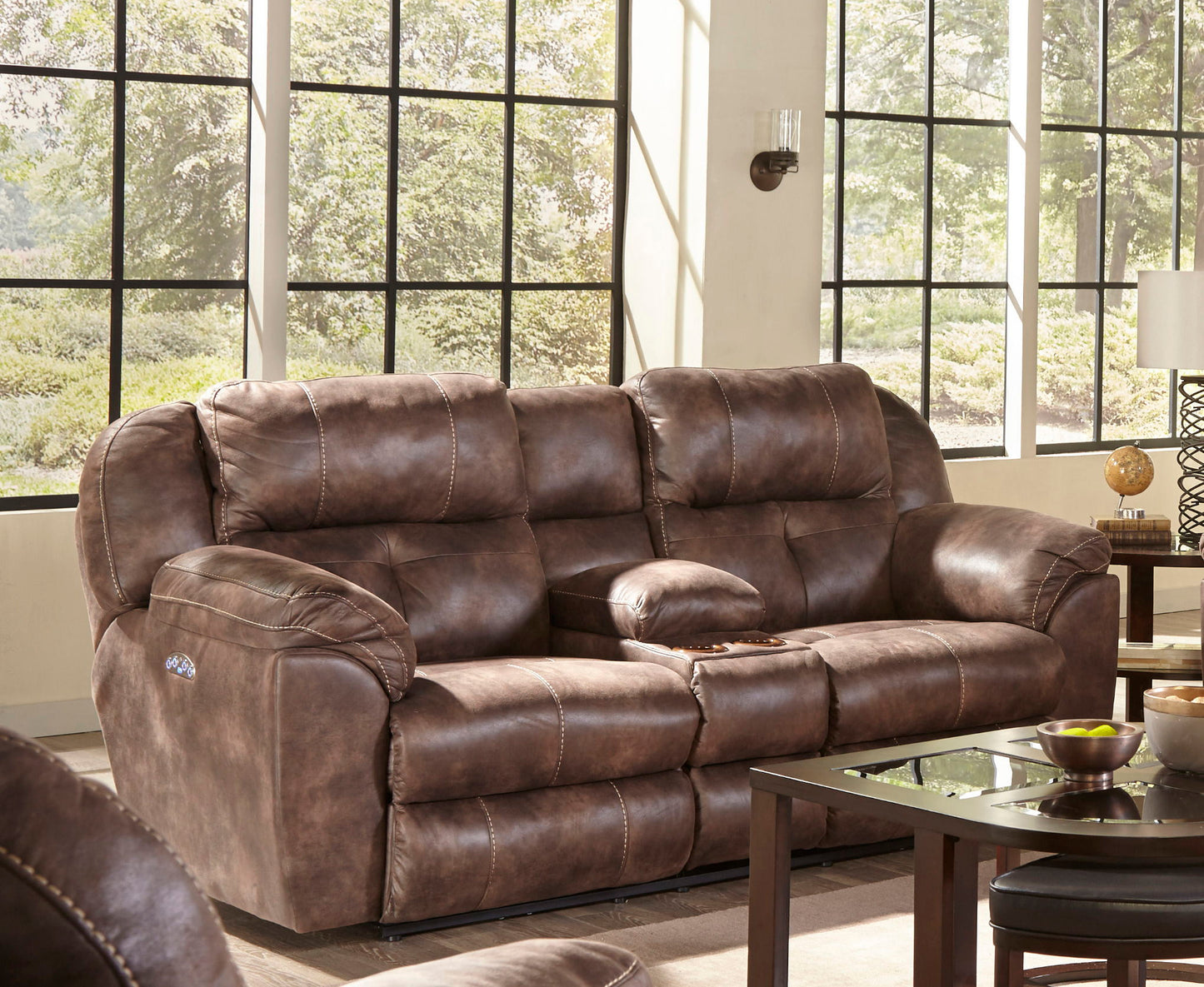 Ferrington - Power Lay Flat Reclining Console Loveseat with Power Adjustable Headrest - Hornell Furniture Outlet