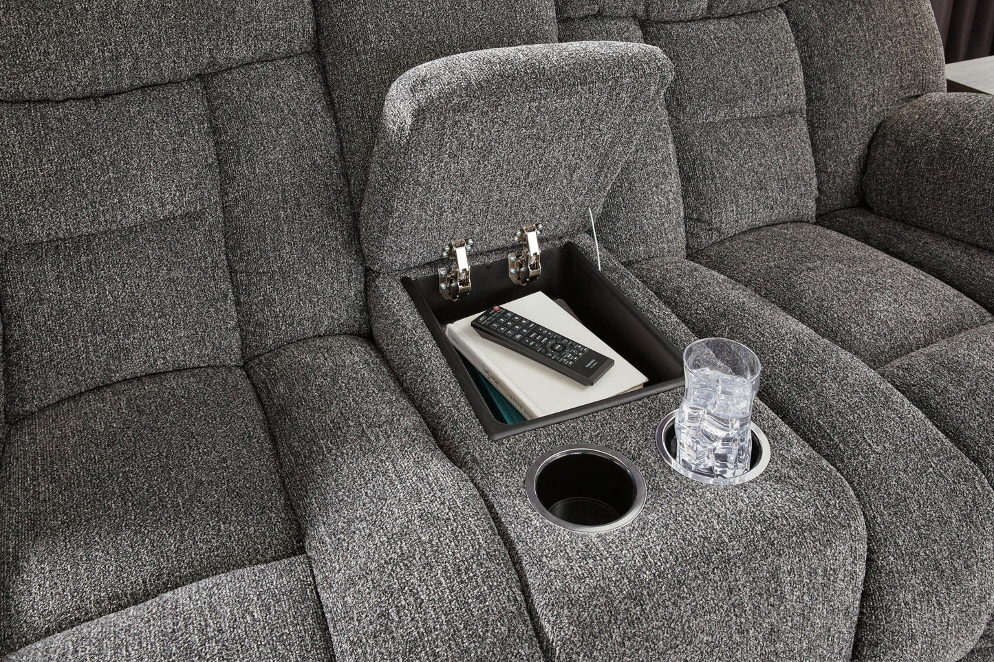 Foreside - Charcoal - Dbl Reclining Loveseat with Console - Hornell Furniture Outlet