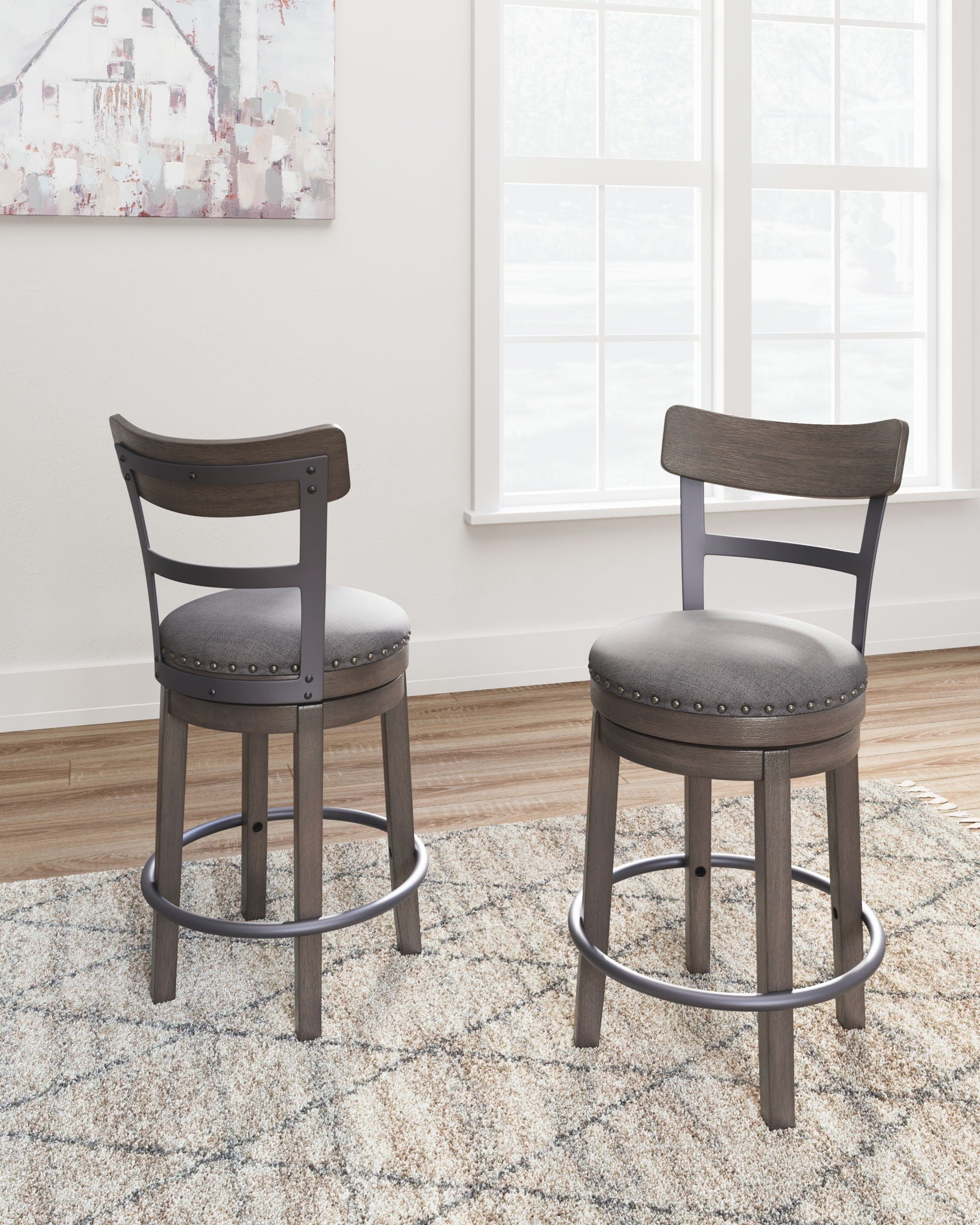 Caitbrook - Gray - UPH Swivel Barstool - Hornell Furniture Outlet