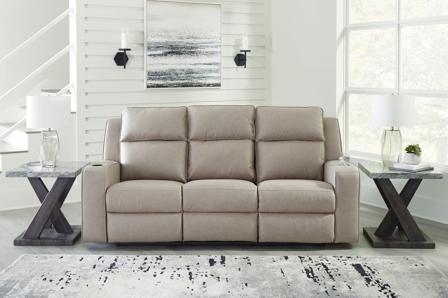 Lavenhorne - Pebble - Rec Sofa W/Drop Down Table - Hornell Furniture Outlet