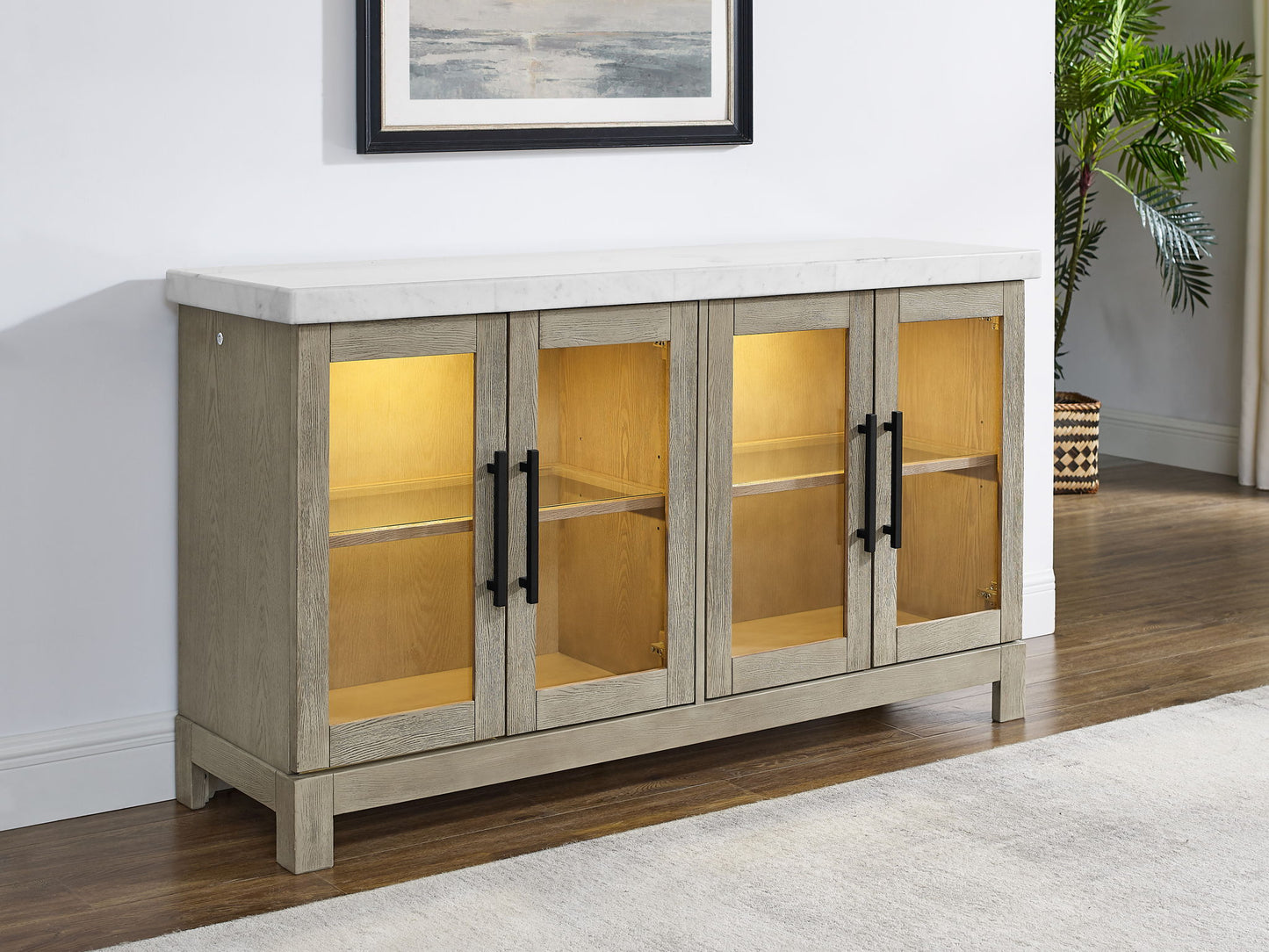 Csrena - Lighted White Marble Sideboard - Brown - Hornell Furniture Outlet