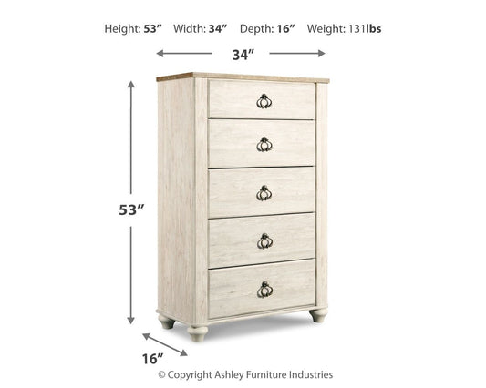 Willowton - Five Drawer Chest - Brown / Beige / White - Hornell Furniture Outlet